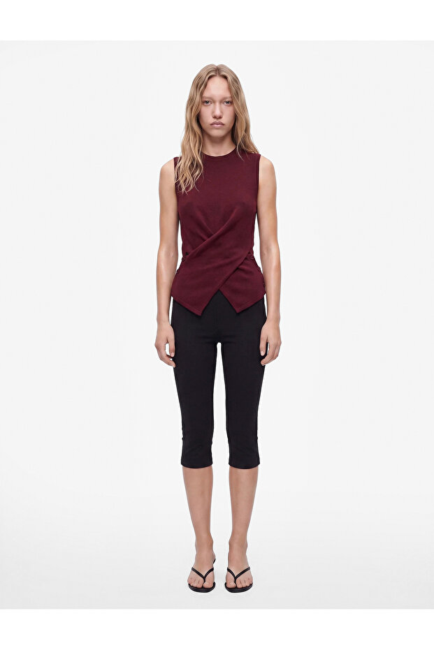 Viscose Blended Ruched Detailed Crew Neck Sleeveless Knitwear Tank Top