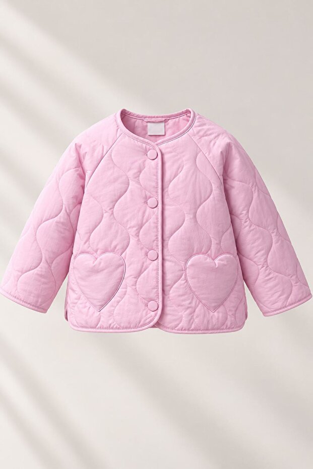 Quilted Girls' Seasonal Quilted Coat with Heart Pockets - Pink