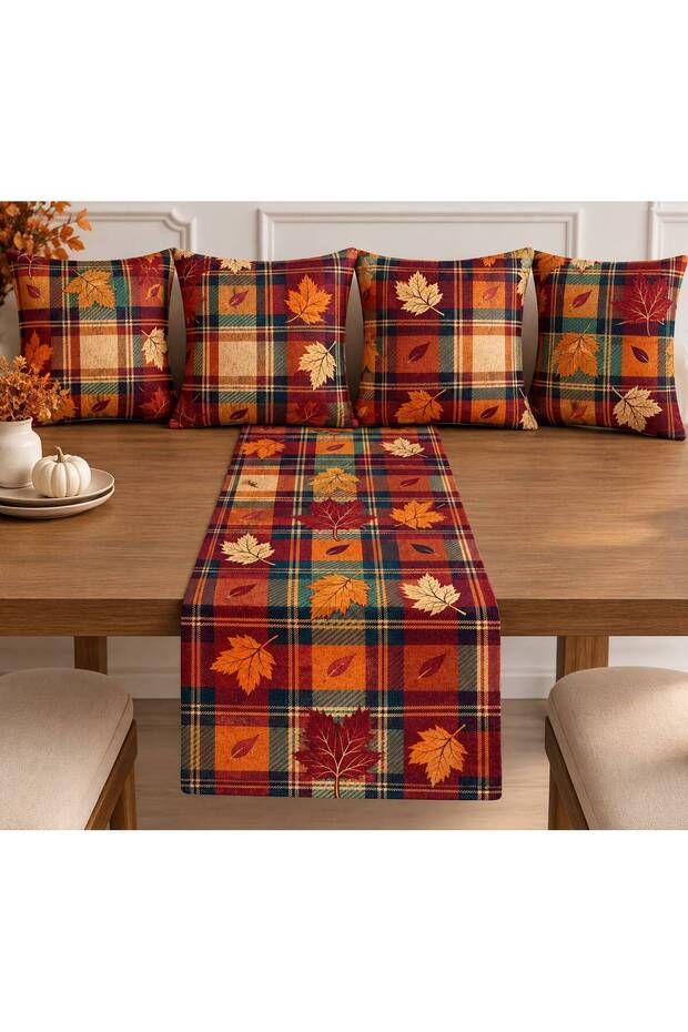 Autumn, Fall Themed Suede Fabric 5-Piece Combination Throw Pillow Cover and Runner