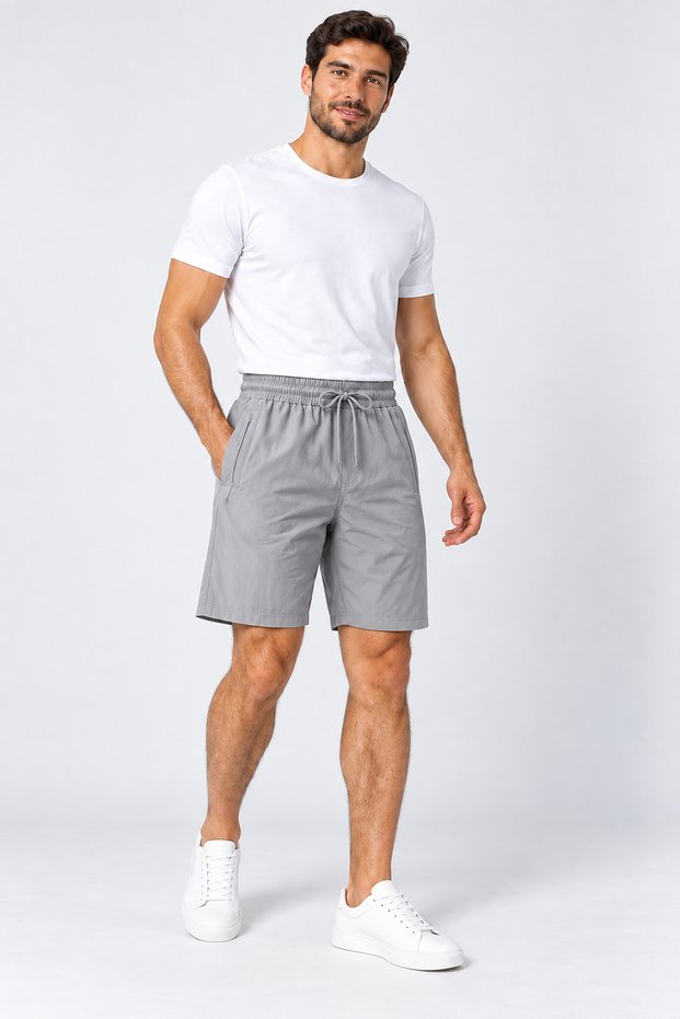 Parachute Fabric Gray Shorts with Zippered Back Pockets and Elastic Waistband
