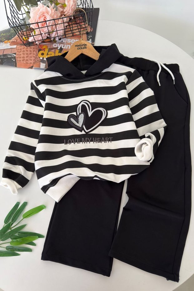 Heart Embroidered Oversize Girls' 2-Piece Tracksuit Set - Black