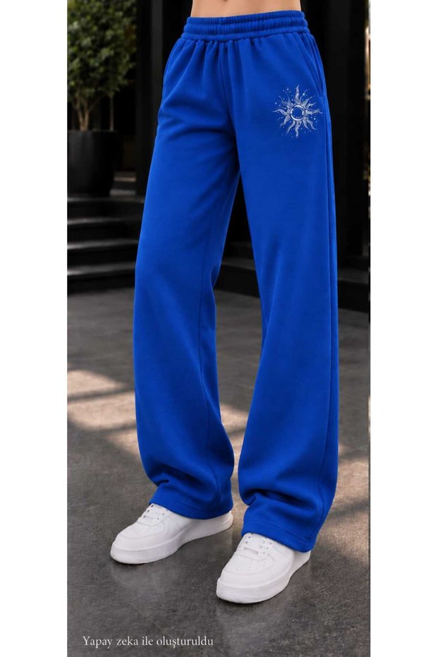 Women's Black Sun Figure Printed Sweatpants - Loose Fit Comfortable Cut Two-Thread Sports Trousers