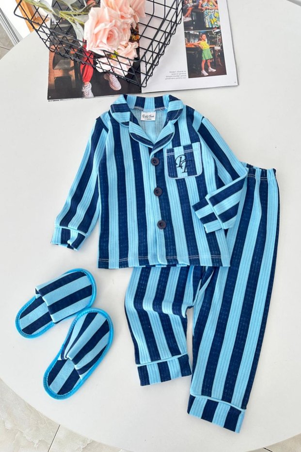 Boys' Pajama Set with Striped Patterned Slippers - Blue
