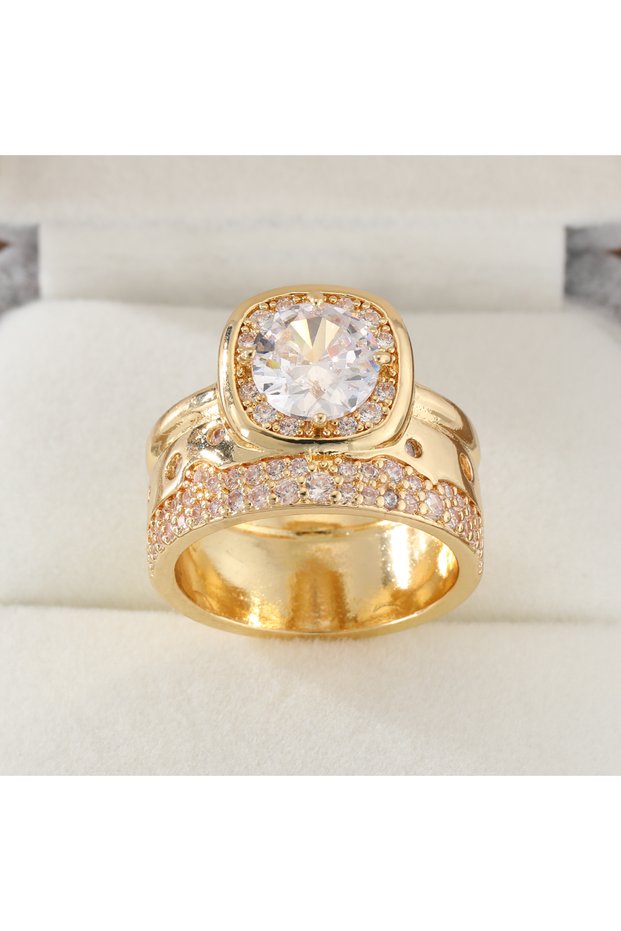 6 WHITE Light Luxury Double-Layer Copper Ring Inlaid with Round Artificial Gems for Women, Suitable