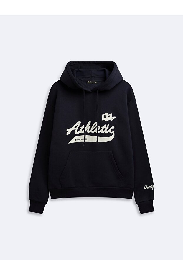 Regular Fit Letter Printed Hooded Navy Blue Sweatshirt