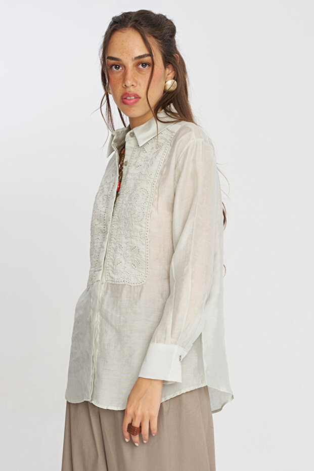 Women's Solid Color Shirt with Embroidery Panel on the Front