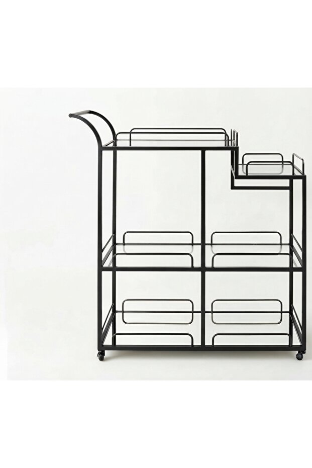 3-Tier Rolling Bar Cart, Modern Metal & Glass Serving Cart with Wheels, Multi-Level Storage Organizer Trolley with Handle, Black