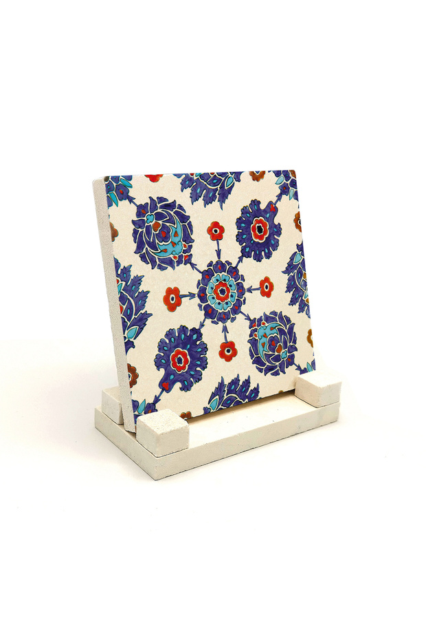 Rüstem Paşa Camii Iznik Tile Pattern Printed Natural Stone Tabletop 10X10 1G-Çinirpc27