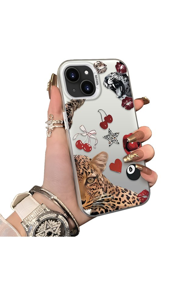 حافظة هاتف متوافقة مع هاتف iPhone 13 Mini بنمط الفهد والجلد الأحمر والكرز