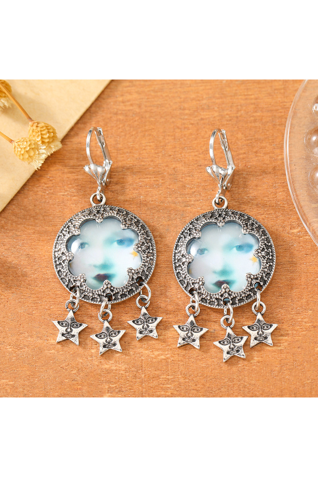 Steel color Bohemian-style Disc Drop Earrings with Human Face Pattern and Star Design for Women, Sui