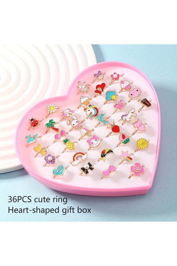 resizable 36Pcs Gift Box Set 36Pcs Adjustable Kidsren's Rings, Enamel Colored Rabbit, Cat, Rainbow,