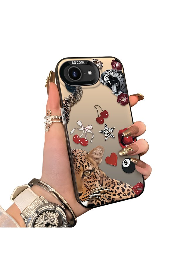 iPhone 17E Compatible Leopard Pattern Cheetah Red Lip Cherry Mix Phone Case