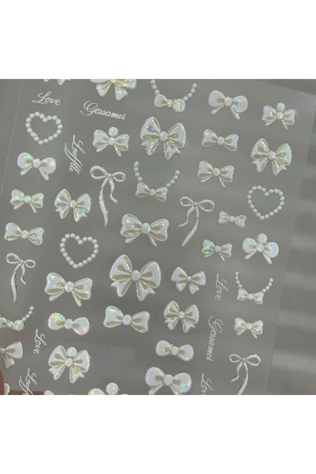 BB White Pearl Bow French Polka Dot Bow Pearl Heart Pearl Chain 5D Nail Stickers Self-Adhesive Nail