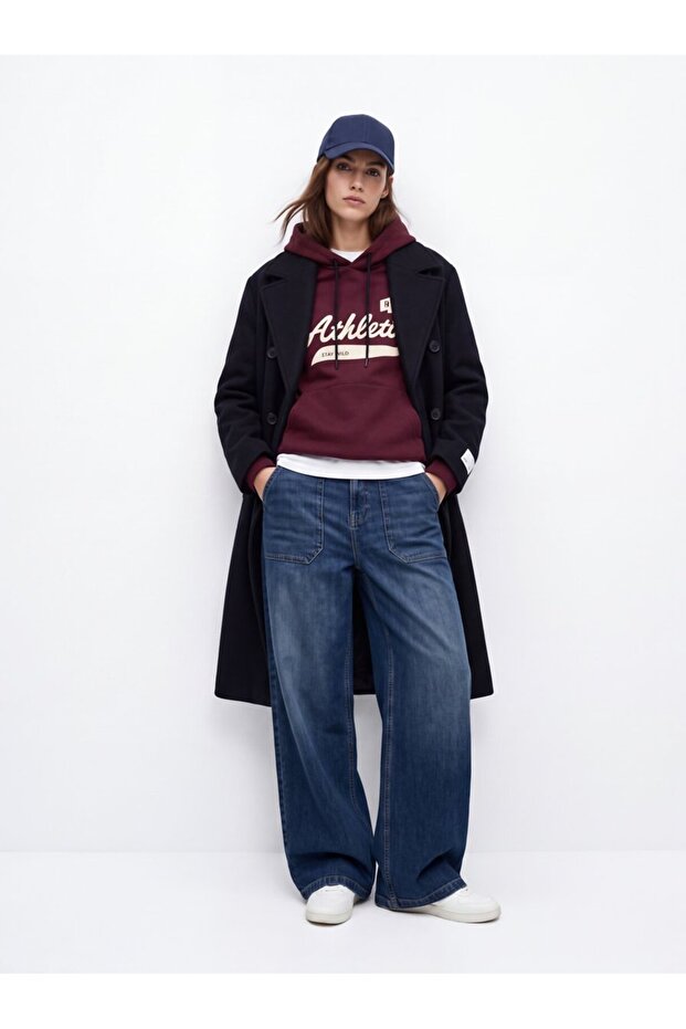 Regular Fit Text Printed Hooded Burgundy Sweatshirt