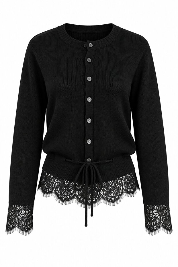 Black Lace Cardigan with Waist Rope Belt - 70027