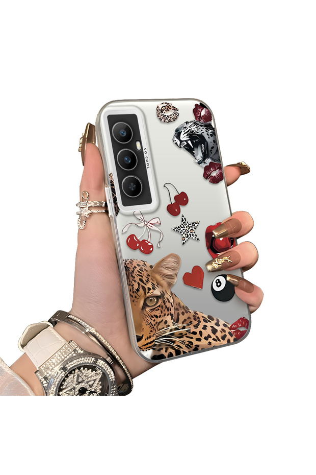 Realme C65 4g Compatible Leopard Pattern Cheetah Red Lip Cherry Mix Phone Case