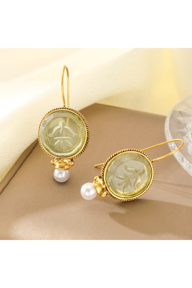 Gold-color Retro-style Relief Artificial Gemstone Combined with Imitation Pearl Drop Earrings for La