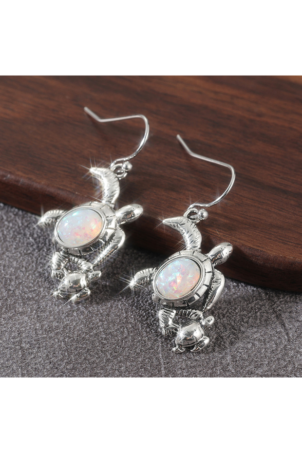 WHITE A657 Vintage Delicate Inlaid Synthetic Opal Turtle Shape Dangle Earrings for Women Fashion Uni