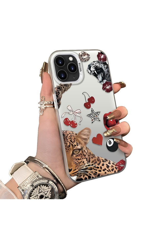 iPhone 11 Pro Compatible Leopard Pattern Cheetah Red Lip Cherry Mix Phone Case