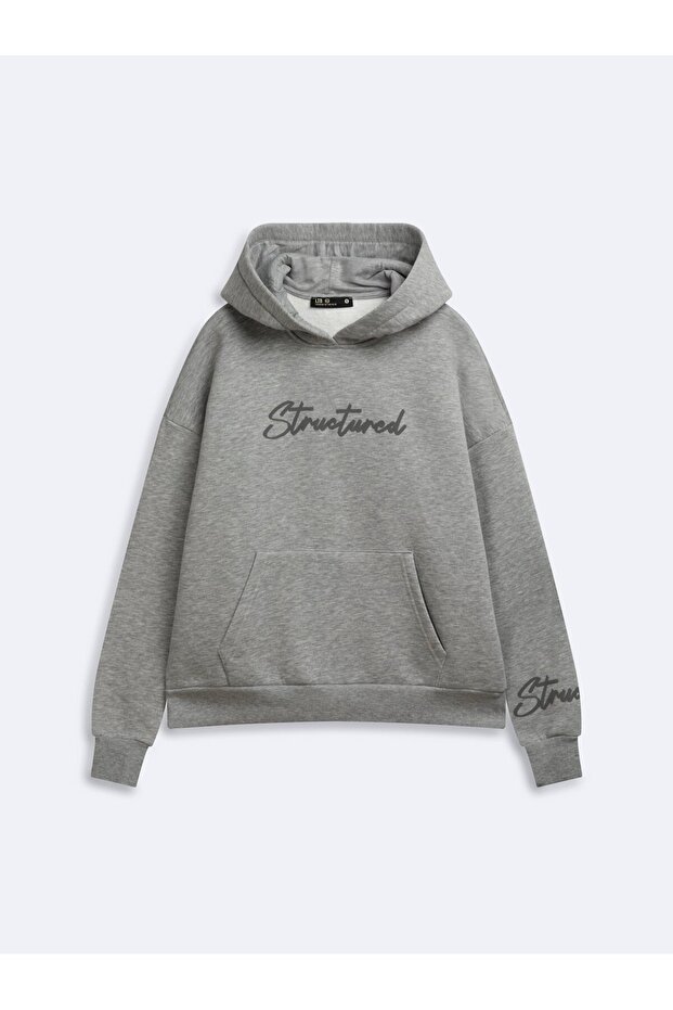 Relaxed Fit Letter Print Hooded Gray Sweatshirt