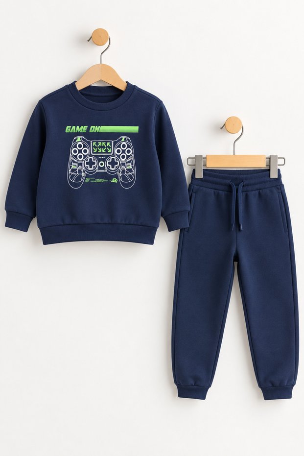 Boy's Printed Printed Sweatshirt/Pants with 2 Pockets, 2-Piece Set, Navy Blue
