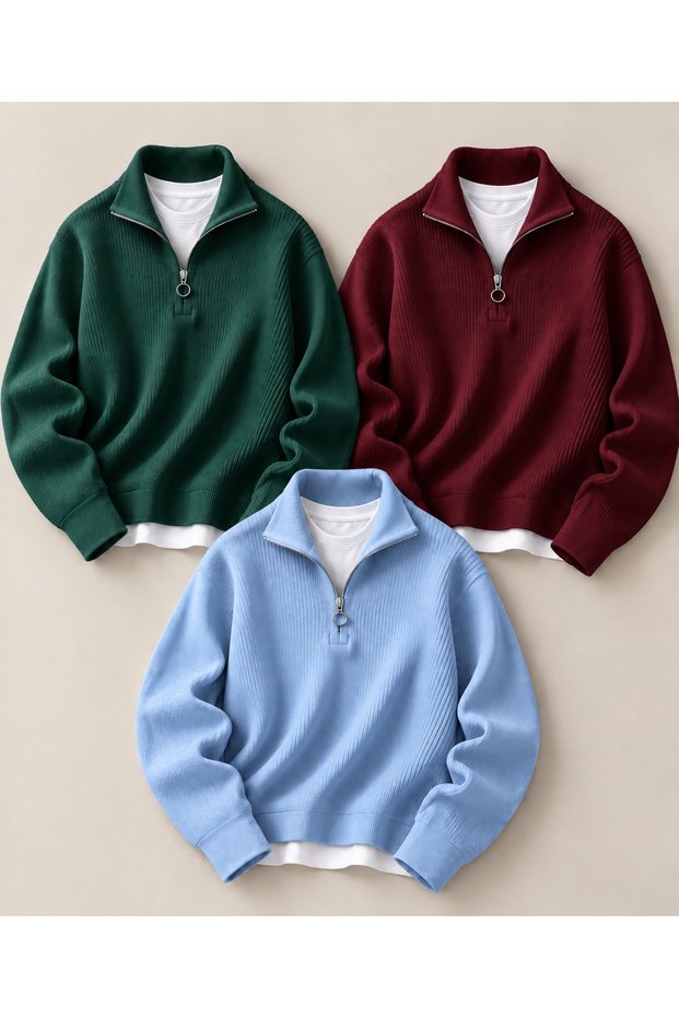 Advantageous 3-Piece Set Beige Brown Black Men's Casual Half-Zip Winter Knitwear Thessaloniki Sweater