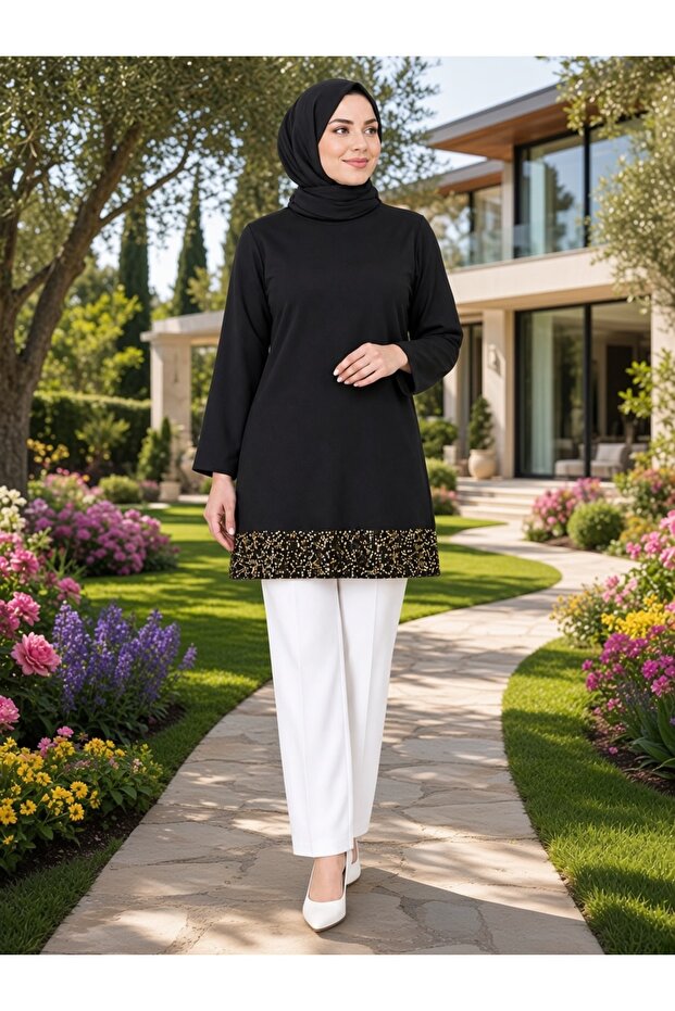Sequin Embellished, Detailed Accessory, Suitable for Sizes 36-48, 85cm Length, Casual Evening Dress Tunic.
