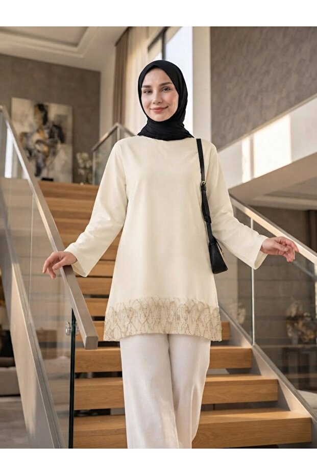 Sequin Embellished, Detailed Accessory, Suitable for Sizes 36-48, 85cm Length, Casual Evening Dress Tunic.