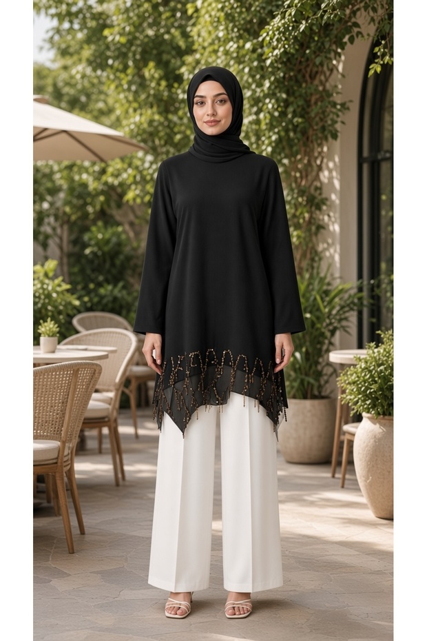 Sequin Embellished, Detailed Accessory, Suitable for Sizes 36-48, 85cm Length, Casual Evening Dress Tunic.