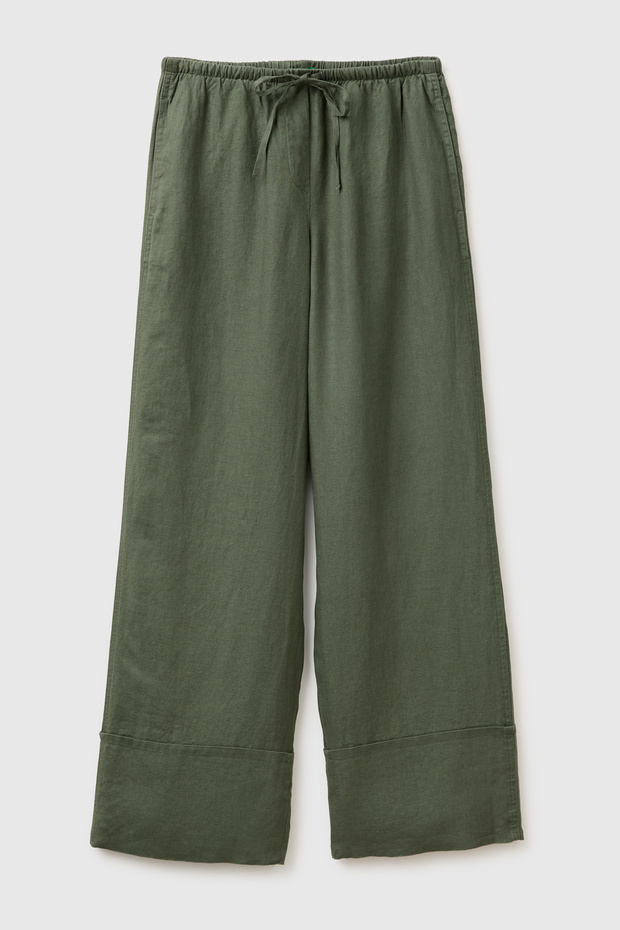 Women's khaki 100% linen elastic waist wide leg cropped trousers