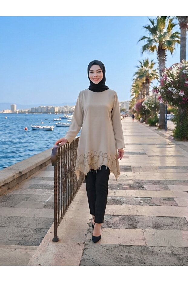 Sequin Embellished, Detailed Accessory, Suitable for Sizes 36-48, 85cm Length, Casual Evening Dress Tunic.