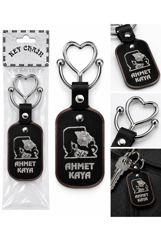 Ahmet Kaya Figured Men's Keychain with Metal Plate and Heart Detail Design