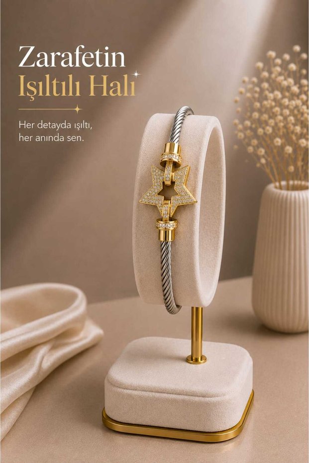 Gold and Silver Color Steel Rope Bracelet with Star Figure and Stone Detail
