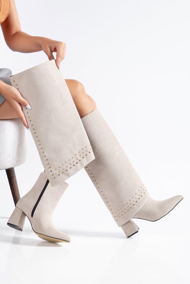 Zeva Rivella Women's Below-Knee Boots Trok Detailed Pointed Toe Thick Heeled Zippered Daily Stylish Boots