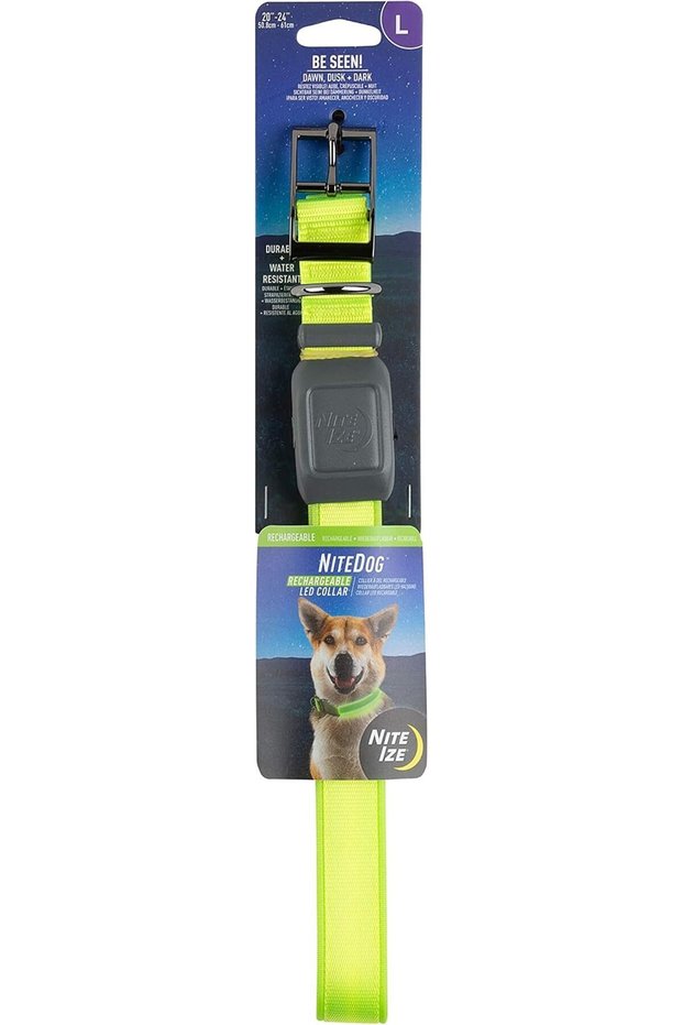 NiteDog Rechargeable LED Collar, USB Rechargeable Light Up Dog Collar w/Metal Buckle, Water Resistant, Large, Lime