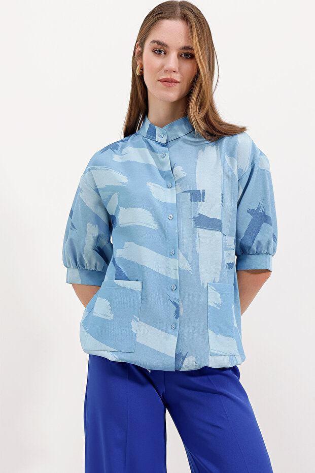 20226 Patterned Oversize Shirt - Blue