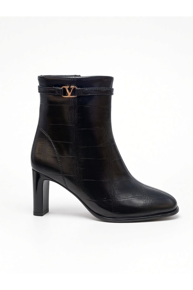 Black Crocodile Patterned Leather Women's Heeled Boots