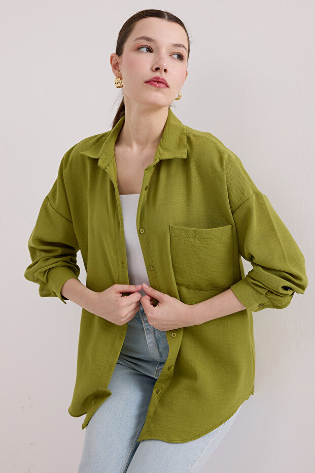 20153 Single Pocket Oversize Linen Shirt - A.Green