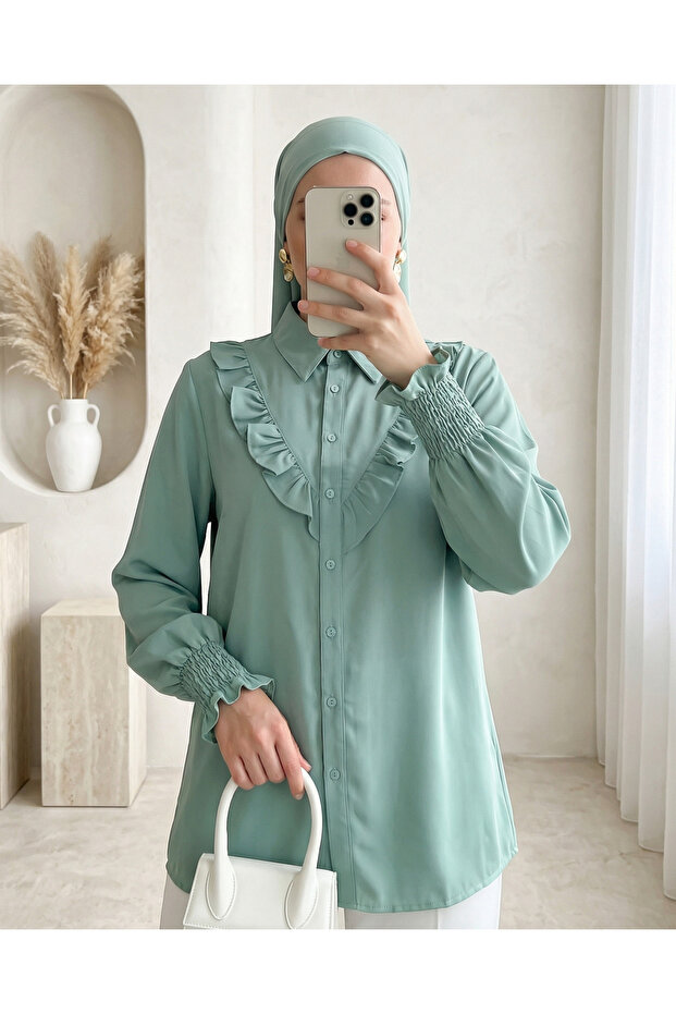 20223 Ruffled Long Sleeve Shirt - Cagla