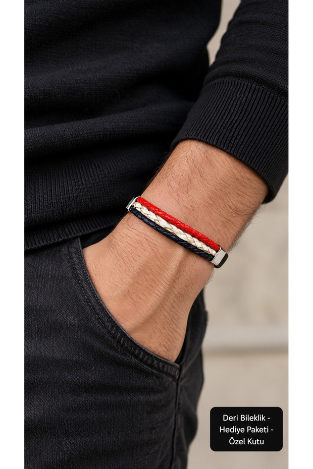 Ferdenis Scarletweave Black Leather Men's Bracelet - Red and White Triple Cord
