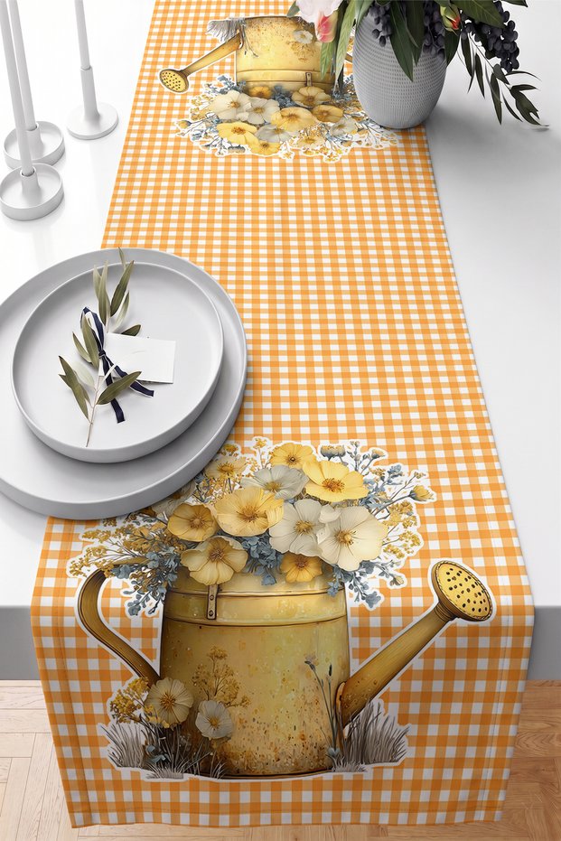 Floral Watering Can and Checkered Patterned Classic Digital Printed Runner for Decorative Table Decor 40X14