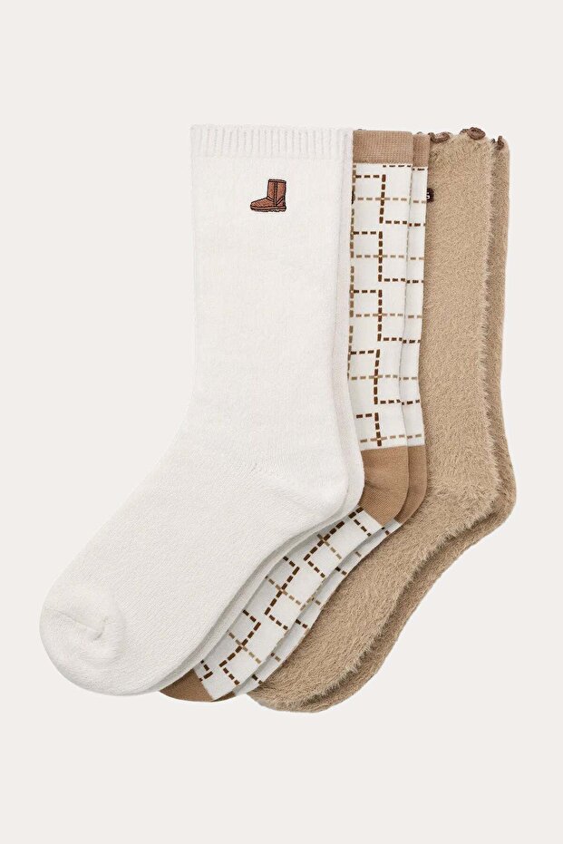 Women's Three-Pack Beige Socks with Different Patterns