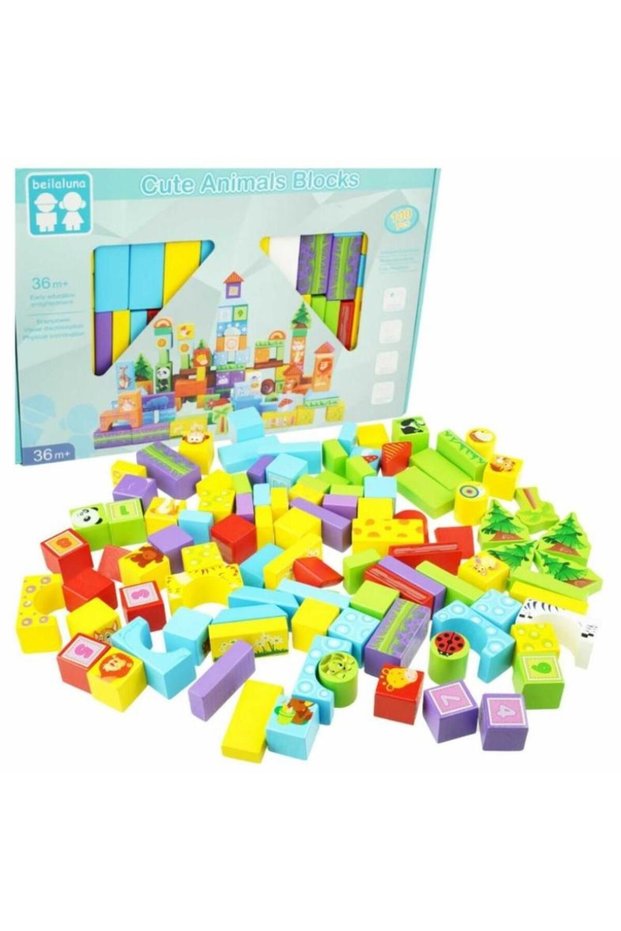 Set 100 cuburi constructie din lemn, Cute animals,