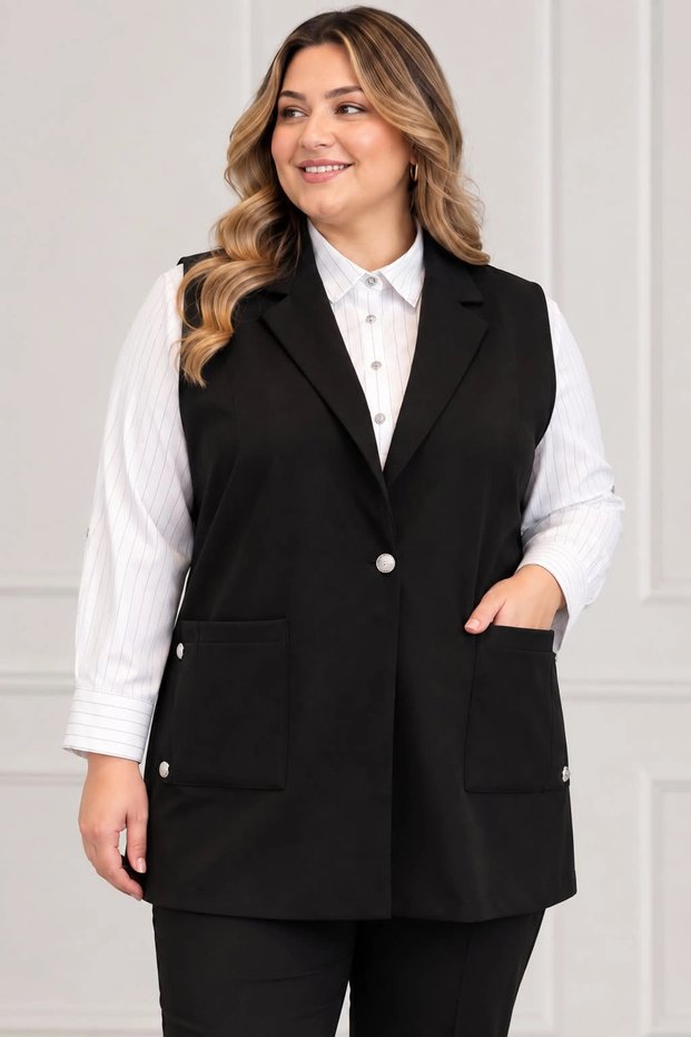 Women's Plus Size Stylish Viscose Vest | Classic Collar Buttoned Vest with Pocket Detail - 44480