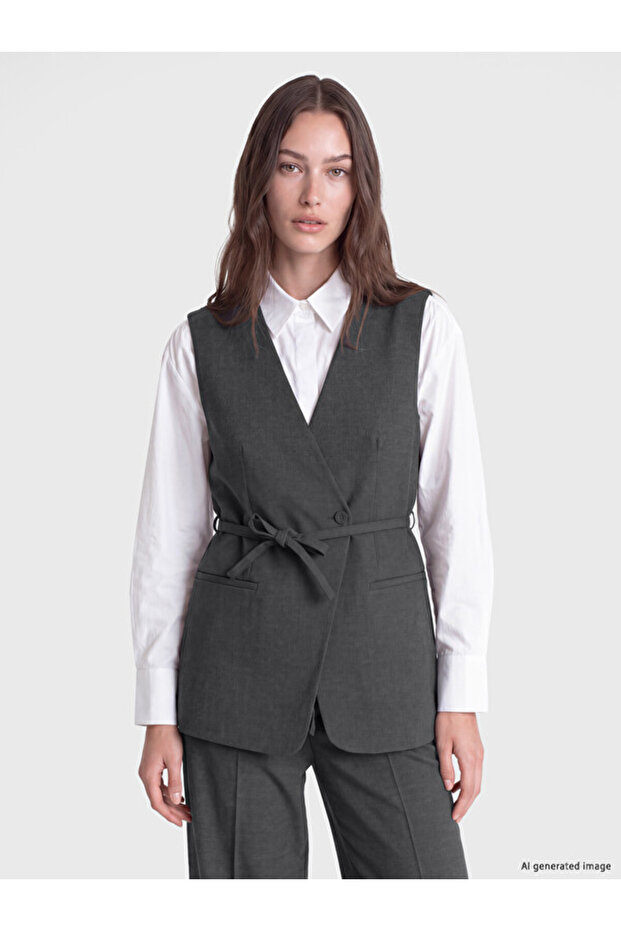 Esvab • Modern & Distinctive Double-Breasted Roba Collar Belted Waist Women's Plain Vest