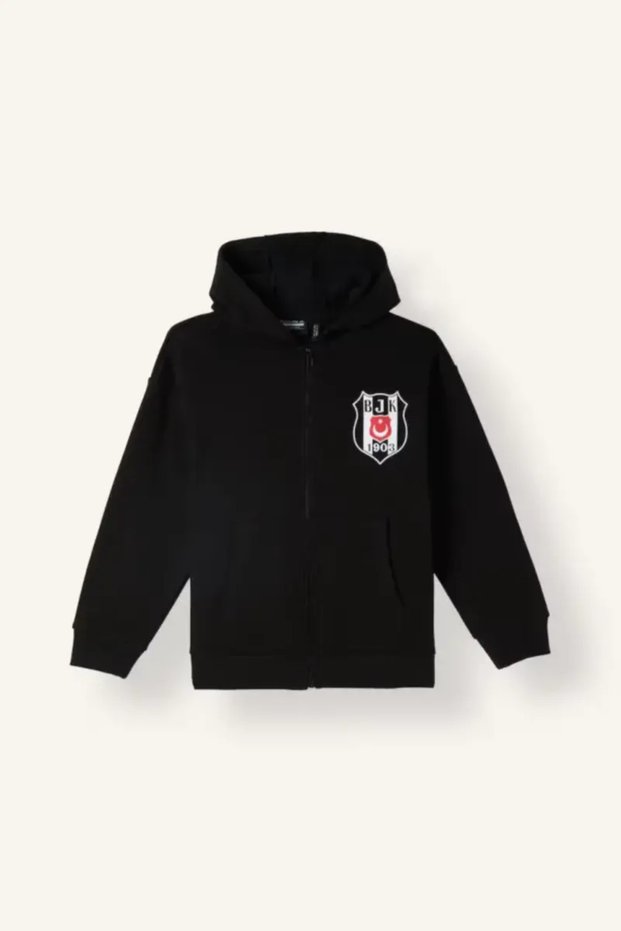 Beşiktaş Logo Hooded Zippered Kangaroo Pocket Cardigan Boys I6636A826Wn