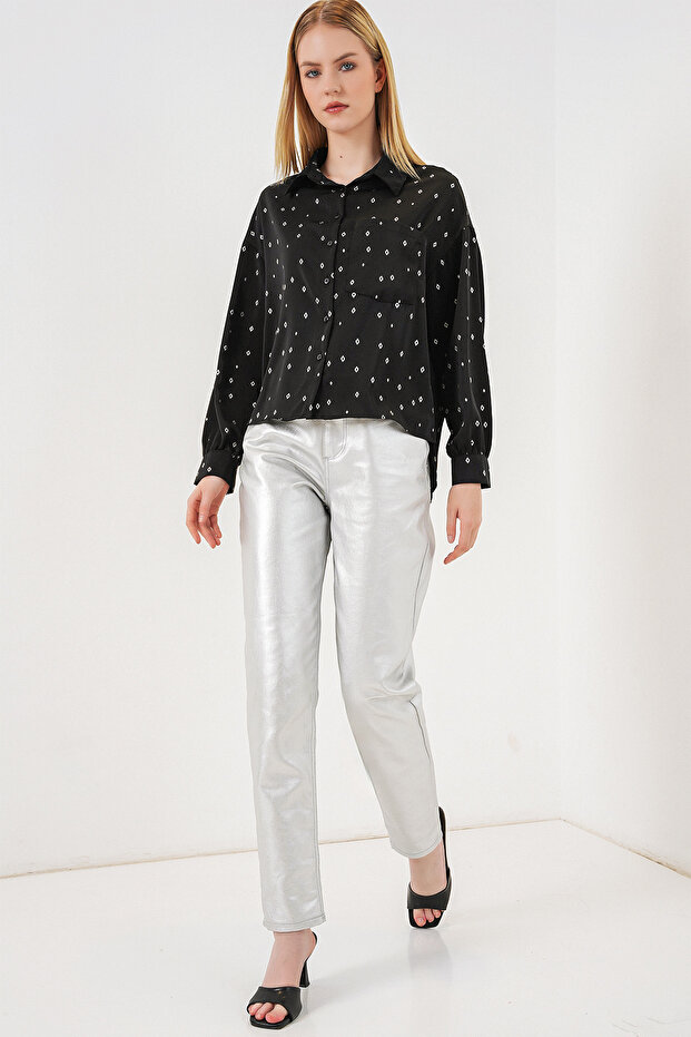 Women's Patterned Oversize Shirt 20361 - Black - Silver