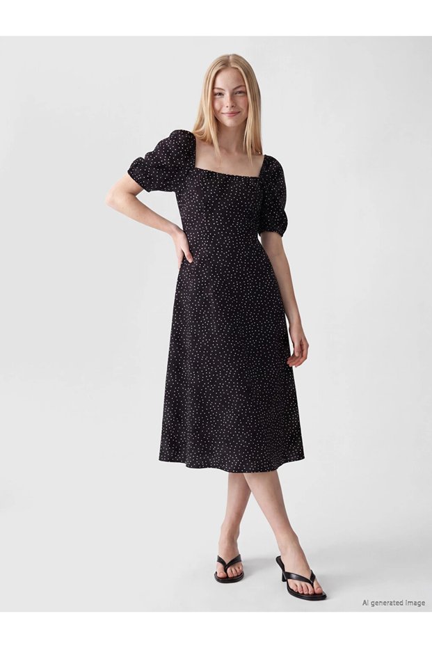 Black Square Neck Polka Dot Waist-Slit Dress