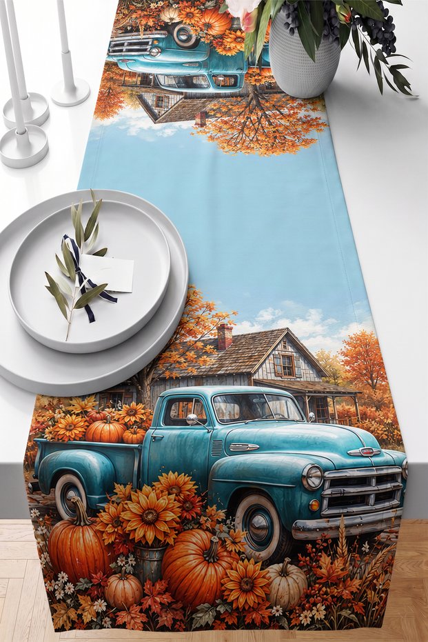 Vintage Turquoise Pickup Truck, Pumpkin and Autumn Flowers Decorative Digital Printed Runner 40X140Cm