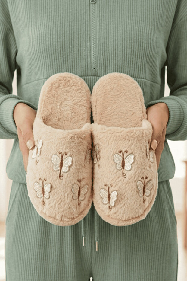 Mink Black Small Butterflies Furry House Slippers 3 cm Byndmtfkelebekkucuk